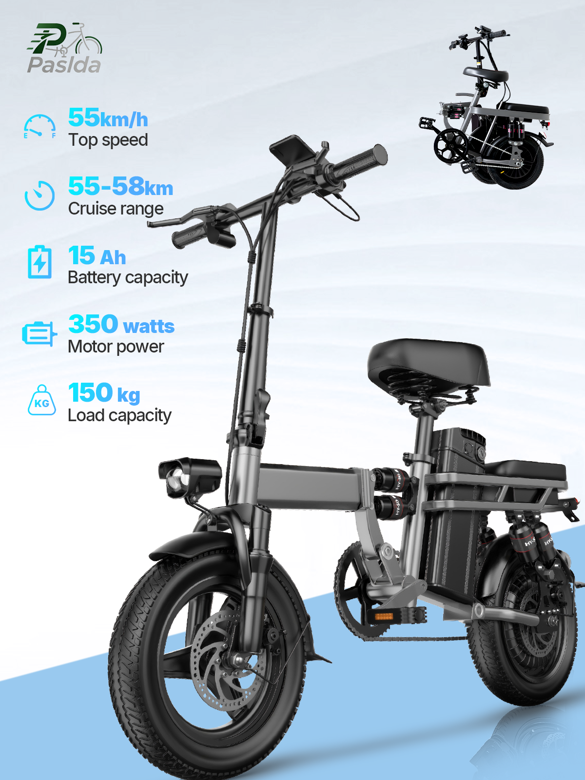 compact electric bicycle PASLDA Folding Electric Bike for Adults 48V 15Ah Battery 14"/20" Wheels  500W Motor 20MPH Speed 30 Miles Range Multi-Shock Absorption Compact  Commuter