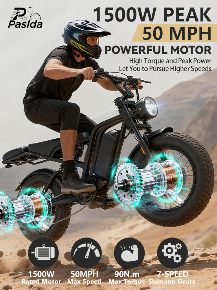 PASLDA 1500W Peak Power All-Terrain Electric Bike with 48V 15.6AH Removable Battery, 7-Speed Shifting, Fat Tire Off-Road Electric Moped, LCD Smart Display, Fast Charging, and BMS Battery Protection.
