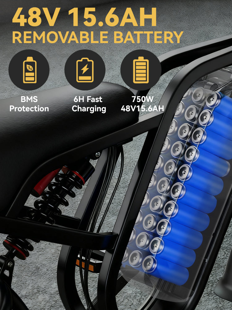 PASLDA 1500W Peak Power All-Terrain Electric Bike with 48V 15.6AH Removable Battery, 7-Speed Shifting, Fat Tire Off-Road Electric Moped, LCD Smart Display, Fast Charging, and BMS Battery Protection.