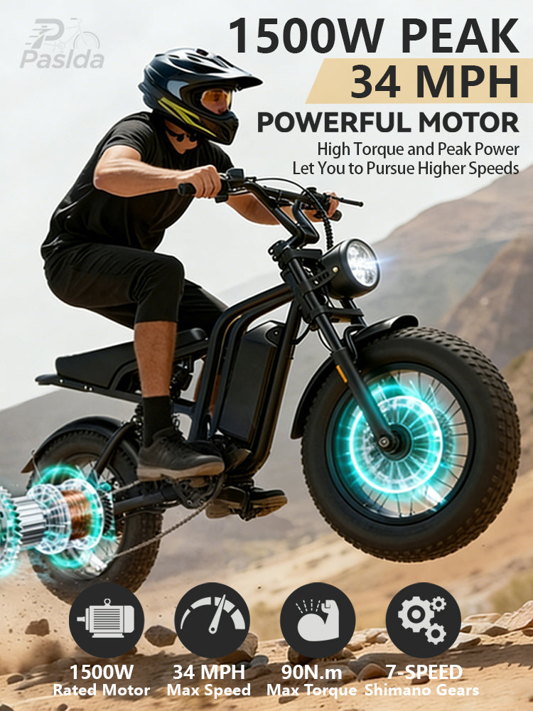 PASLDA 1500W Peak Power All-Terrain Electric Bike with 48V 15.6AH Removable Battery, 7-Speed Shifting, Fat Tire Off-Road Electric Moped, LCD Smart Display, Fast Charging, and BMS Battery Protection.